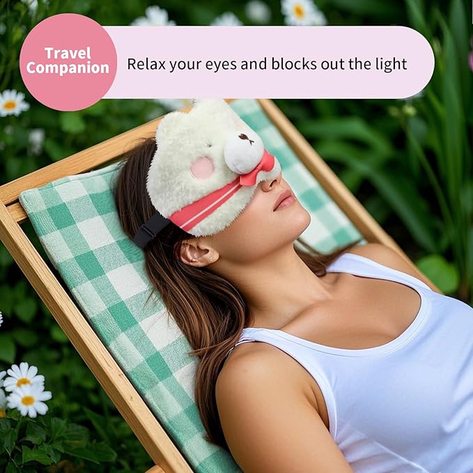 Cute Sleep Eye Masks for Kids, Kawaii Cartoon Kids Sleeping Mask for Women Boys Girls Teens, Soft Plush Adjustable Eyeshade Silk Travel Nap Eye Cover, Pink Bear - Bloomnest