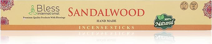 Bless-Sandalwood 100%-Natural-Handmade-Hand-Dipped-Incense-Sticks Organic-Chemicals-Charcoal-Free Purification-Relaxation-Positivity-Yoga-Meditation Best-Woods-Scent (25 Sticks (1.4 OZ)) BlessInternational