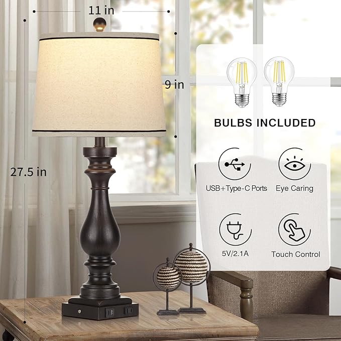 27.5" Farmhouse Table Lamp for Living Room,Vintage Bedside Nightstand Lamp with USB C+A Ports & AC Outlet,3-Way Dimmable Touch Control Retro Black Desk Lamp for Bedroom,Single Black - Bloomnest