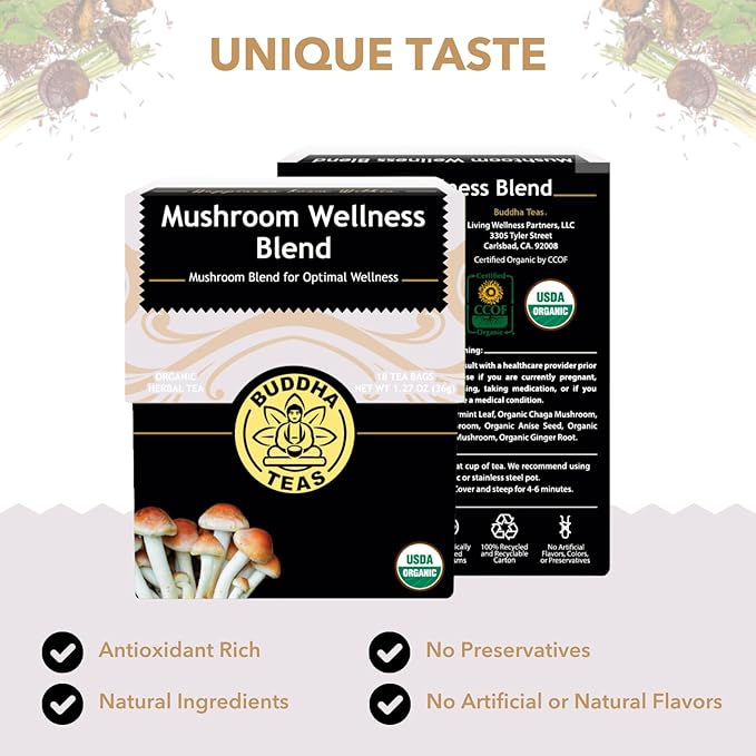 Buddha Teas - Organic Mushroom Wellness Blend - Herbal Tea - For Health & Wellbeing - With Antioxidants & Minerals - Clean Ingredients - Caffeine Free - OU Kosher & Non-GMO - 18 Tea Bags (Pack of 1). - Bloomnest