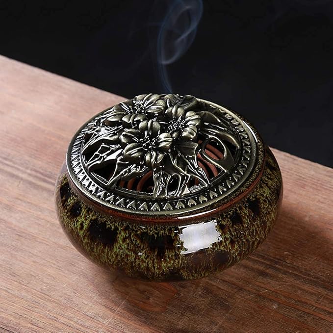 Incense Burner with Calabash Incense Stick Holder - Porcelain Charcoal Censer for Use with Resin Granular Powder Cone or Coil Incense (Fambe Green) - Bloomnest