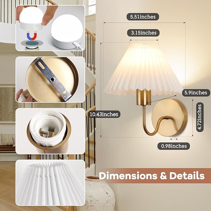 Wireless Wall Sconce Sets of 2, Pleated Shades Rechargeable Battery Operated Wall Sconce, Retro gooseneck Gold Wall Lights Bathroom Vanity Sconces, Wall Mounted Lamps for Bedroom Living Room Kitchen - Bloomnest