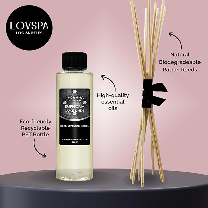 LOVSPA Euphoria Luxe Linen Diffuser Oil - Luxury Essential Oils for Diffuser Refill & Air Freshener Room Spray - Long-Lasting & Natural Home Fragrance, Scented Oil for Diffusers, USA Made, 4oz - Bloomnest