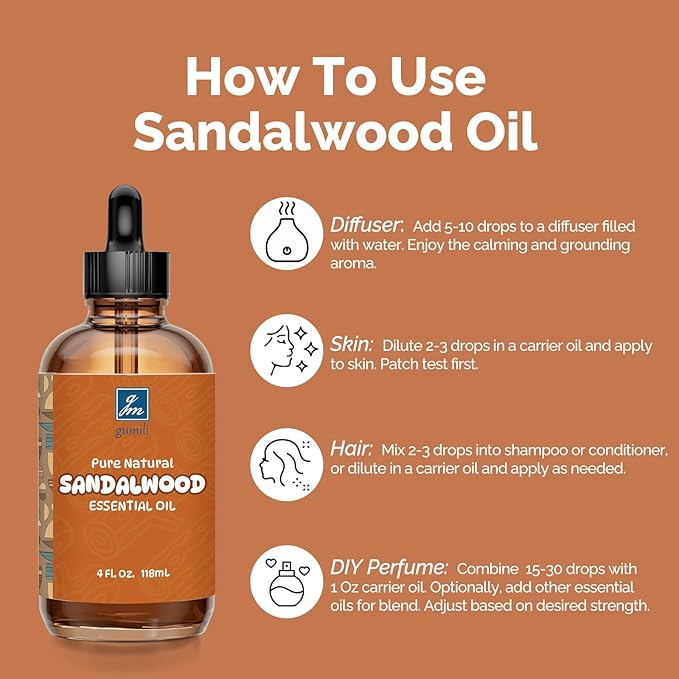 Sandalwood Essential Oil 4 Oz, 100% Pure Sandalwood Oil for Diffuser, Skin, Hair, Body & Face, Perfume Base Note for Men & Women, Aromatherapy & Massage - Bloomnest