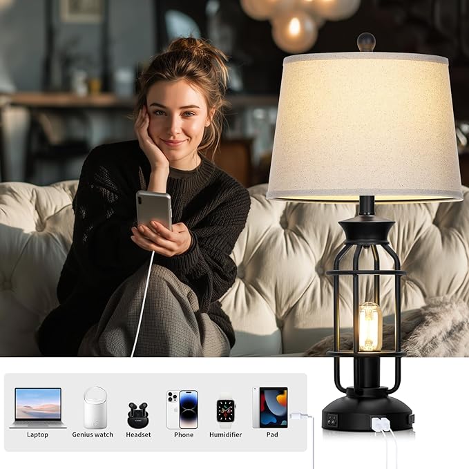 28" Vintage Table Lamps with USB C+A Ports & AC Outlet, Industrial Farmhouse Table Lamp Set of 2, Black Modern Nightstand Beside Lamps with 2 Night Light for Living Room Bedroom(4 LED Bulbs Included) - Bloomnest