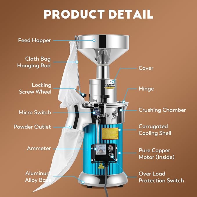 CGOLDENWALL Hammer Mill Grinder, 2000W Commercial Electric Herb Grinder, 44 Lbs/H, Continuous Feeding, with Funnel & 6 Sieve Meshes, Pulverizer for Dry Herb Grain Spice Nutmeg,110V - Bloomnest