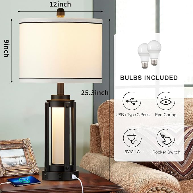 Industrial Table Lamps Set of 2, Modern Beside Lamp with USB A+C Charging Ports & AC Outlet, Rustic Nightstand Lamp with LED Night Light for Living Room Bedroom End Table Entryway Black Bulbs Included - Bloomnest