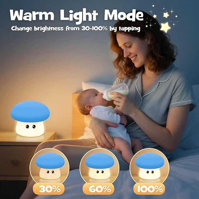 Squishy Big Eyes Mushroom Night Light with RGB Mode 3 Brightness Adjustable Nursery Breastfeeding Nightlight Cute LED Blue Mushroom Lamp Rechargeable Silicone Touch Bedside Lamp for Bedroom Dorm Decor - Bloomnest