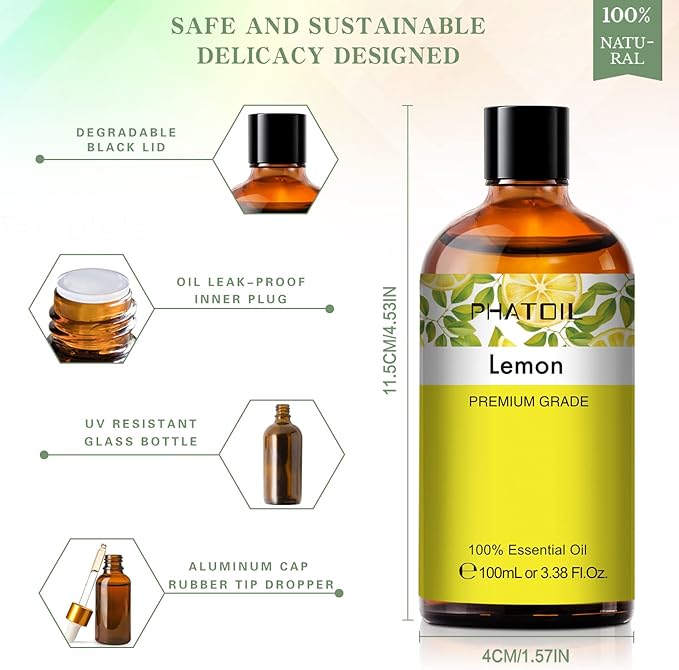PHATOIL 3.38FL.Oz Lemon Essential Oil, for Aromatherapy Diffusers, Humidifiers, Great for DIY Candle and Soap Making, Gift for Friend - Bloomnest