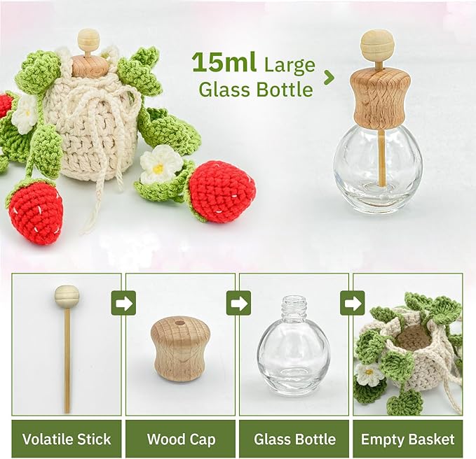 Crochet Car Air Freshener, 15ml Empty Refillable Oil Diffuser Bottle with Hanging Crochet Strawberry Plant for Car Rearview Mirror Air Freshener Diffuser for Home, and Office Decor - Bloomnest
