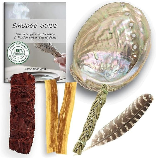 Ancient VEDA Organic Smudge Kit – Dragon's Blood, Palo Santo, Sweetgrass, Abalone Shell, Feather & Smudge Guide | Smudging Kit for Home Energy Cleansing, Meditation (Healer's Kit, Dragon's Blood Sage) AncientVeda