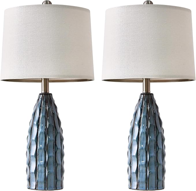 Ceramic Table Lamps Set of 2, 23.75" Modern Farmhouse Bedside Lamp - Blue Nightstand Lamps for Bedroom, Boho Living Room End Tables, Small Office Desk Lamp Decor - Bloomnest