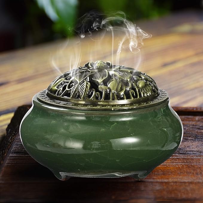 Incense Burner and Cone Incense Holder with Calabash Incense Stick Holder Ceramic Ash Catcher,Green - Bloomnest