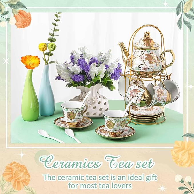 Zhehao 20 Pcs Porcelain Tea Set with Metal Holder and Spoon Adult Ceramic Tea Set European Flower Painting Teapot Cup Saucer Spoon for Women, Large Version(Elegant Style) - Bloomnest