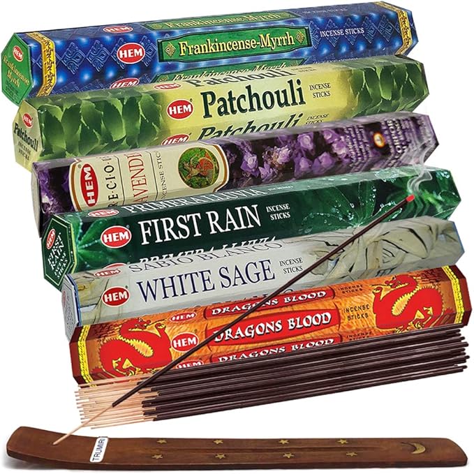 Hem Incense Sticks Variety Pack #23-120 Insence-Sticks (6 Incents x 20 Insense) + Incense Stick Holder with 6 Most Liked Scents Including Patchouli Dragons Blood White Sage Frankincense-Myrrh - Bloomnest
