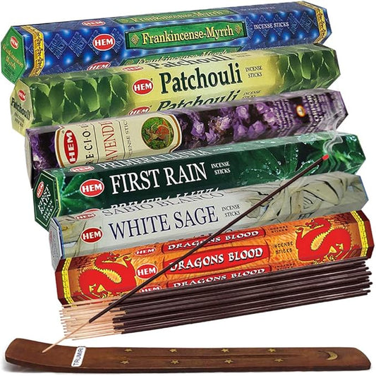 Hem Incense Sticks Variety Pack #23-120 Insence-Sticks (6 Incents x 20 Insense) + Incense Stick Holder with 6 Most Liked Scents Including Patchouli Dragons Blood White Sage Frankincense-Myrrh - Bloomnest