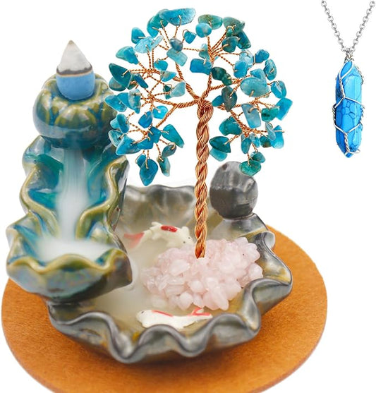 Waterfall Burner, Crystal Tree Backflow Incense Holder, with 30 Incense Cones, 30 Incense Stick, 1 Healing Crystal Necklace, Aromatherapy Anxiety Relief Items, Mom Gifts for Christmas - Bloomnest