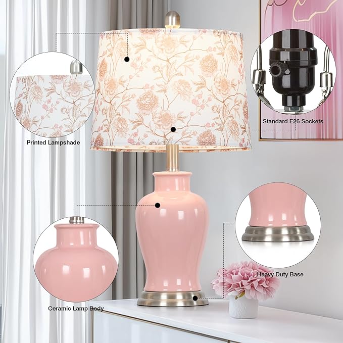 Pink Ceramic Table Lamp with Flower Lampshade, 23" Cute Bedroom Lamp with Ginger Jar Design, Modern Living Room Lamps Set 2, Elegant Bedside Lamps for Nightstand End Table Home Decor - Bloomnest