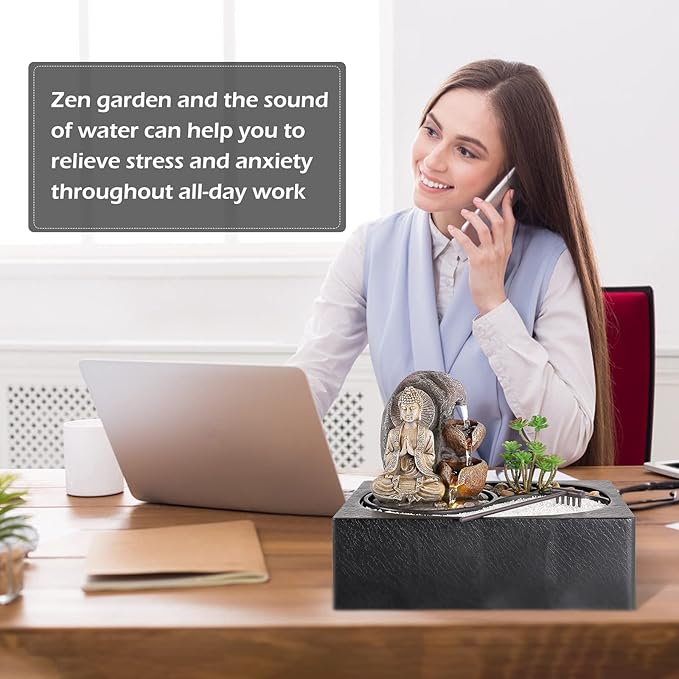 Dyna-Living Water Fountain - Indoor Small Tabletop Waterfall with Zen Garden, LED Warm Light Buddha Fountain for Home Zen Room Decor