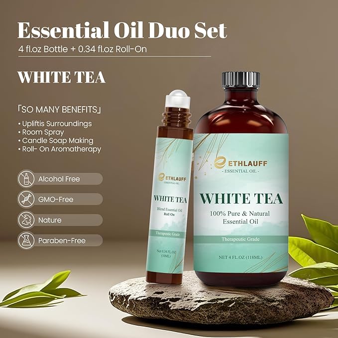 White Tea Diffuser Oil - White Tea Essential Oils for Diffuser Refill & Air Freshener Room Spray, Long-Lasting, Natural Home Fragrance and Scent for Diffusers(4 fl.oz Bottle + 0.34 fl.oz Roll-On) Ethlauff