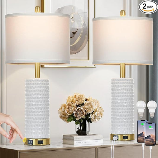 26" White Table Lamps for Living Room Set of 2, Ceramic Bedroom Lamps for Nightstands, Modern Bedside Lamps for Bedroom Living Room, Nightstand Lamps for End Table, Hallway, Gold and White - Bloomnest