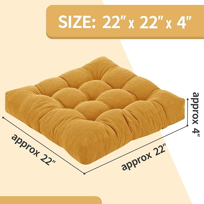 Floor Cushions for Adults Floor Pillows for Sitting Large Square Tufted Meditation Pillows Memory Foam 2 Pcs, 22" x 22", Orange Yellow - Bloomnest