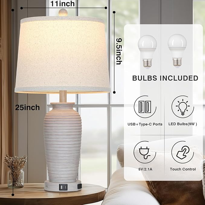 25" Vintage Farmhouse Jar Table Lamps, Single Rustic Bedside Lamp with USB A+C Ports & AC Outlet, Nightstand Lamps for Living Room, Bedroom, End Table, Grey White(LED Bulb Included) - Bloomnest