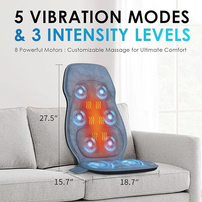 Back Massager with Soft Plush Fabric Cover, Massage Seat Cushion with 8 Vibration Motors & 2 Heating Levels, Chair Massager for Recliner, Office Chair, Sofa Use, Gifts for Dad Mom - Bloomnest