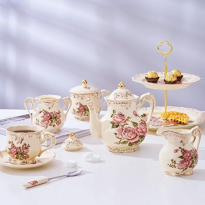 YOLIFE Iovry Rose Teapot, 35oz/ 4 Cup Ceramic Tea Pot with Infuser for Loose Leaf Tea, Vintage Floral Teapot and Gold Trim - Bloomnest