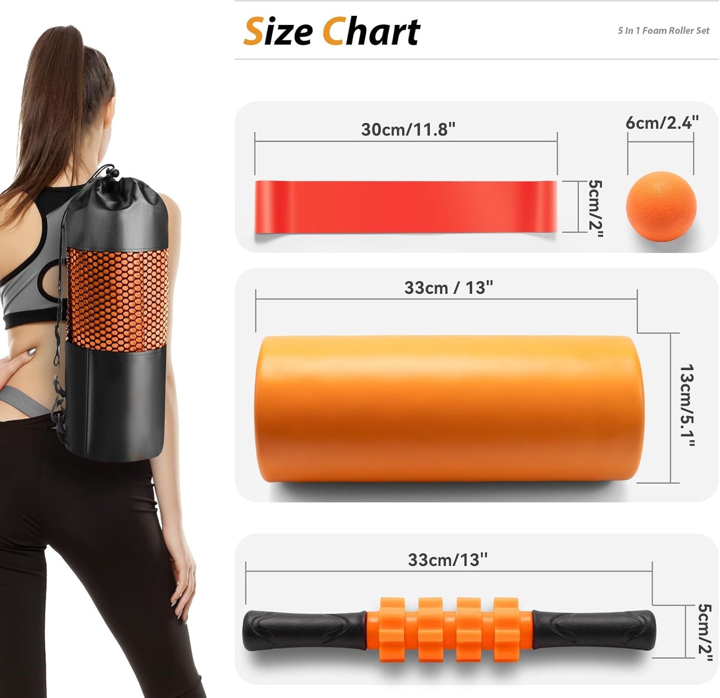 5 in 1 Foam Roller Set - Trigger Point Foam Back Roller, Muscle Roller Stick, Massage Ball, Stretching Band for Deep Muscle Massage Pilates Yoga,Fitness Exercise for Whole Body Release (Pure Orange)