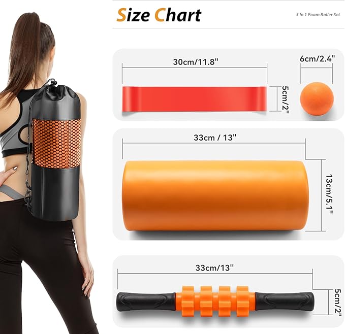 5 in 1 Foam Roller Set - Trigger Point Foam Back Roller, Muscle Roller Stick, Massage Ball, Stretching Band for Deep Muscle Massage Pilates Yoga,Fitness Exercise for Whole Body Release (Pure Orange) - Bloomnest