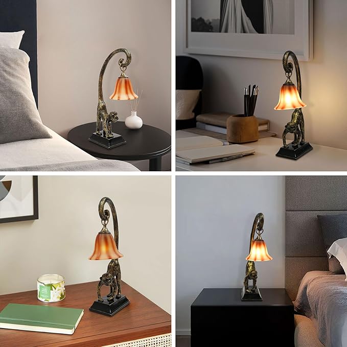 Tiffany Table Lamp Resin Bronze Monkey Lamp Vintage Animal Desk Lamp Bedside Light Easy Use for Home Decor,Living Room, Bedroom 23inch Tall Push Button Switch (Left) - Bloomnest