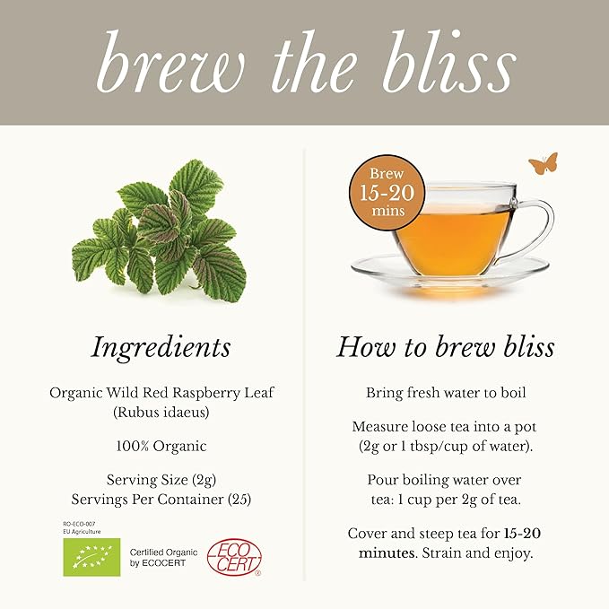 Wild Bliss Organic Red Raspberry Leaf Tea Pregnancy and Menstrual Support - Loose Leaf Herbal Tea - 1.76 Oz - 25 Servings - Bloomnest