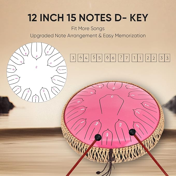 Steel Tongue Drum 12 Inch 15 Notes: Handpan Drums Set with Music Book Mallets Carry Bag - Hand Pan Instrument for Adults Musical Education Meditation Yoga Chakra(Pink)