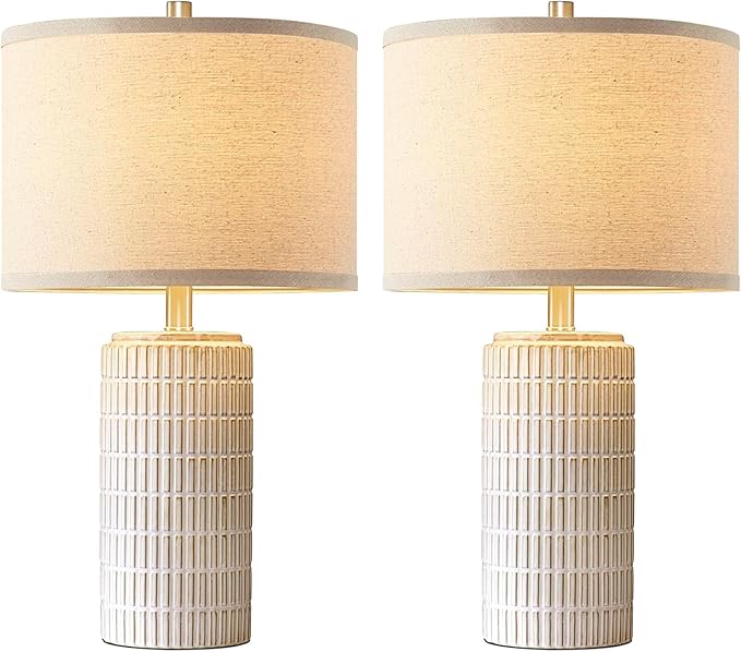 23'' Set of 2 Modern Ceramic Table Lamps for Living Room Bedroom, Nightstand Farmhouse Beige White Desk Lamp for Bedside End Table Entryway, 2 LED Bulbs Included - Bloomnest