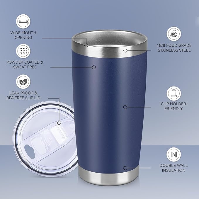 20 oz Tumbler Stainless Steel Tumblers Bulk with Lid Double Wall Insulated Coffee Tumbler Cups for Hot & Cold Drinks Powder Coated Travel Coffee Tumbler Mug Metal (Navy Blue, 12 pack) - Bloomnest