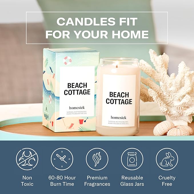 Homesick Scented Candles for Home (Beach Cottage) - Long-Lasting Natural Soy Wax Blend Jar Candle Gifts for Women & Men, 60-80 Hours Burn Time - Notes of Bergamot & Sandalwood - Bloomnest