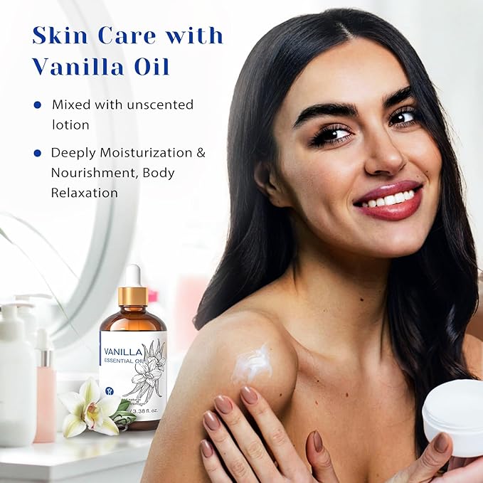 HIQILI Vanilla Essential Oil, Undiluted Natural Strong Fragrance Add in Skin Perfume, Unscented Lotion, Candle Soap Making Scent, Relax at Home with Diffuse Warm Sweet Aroma -100ML - Bloomnest