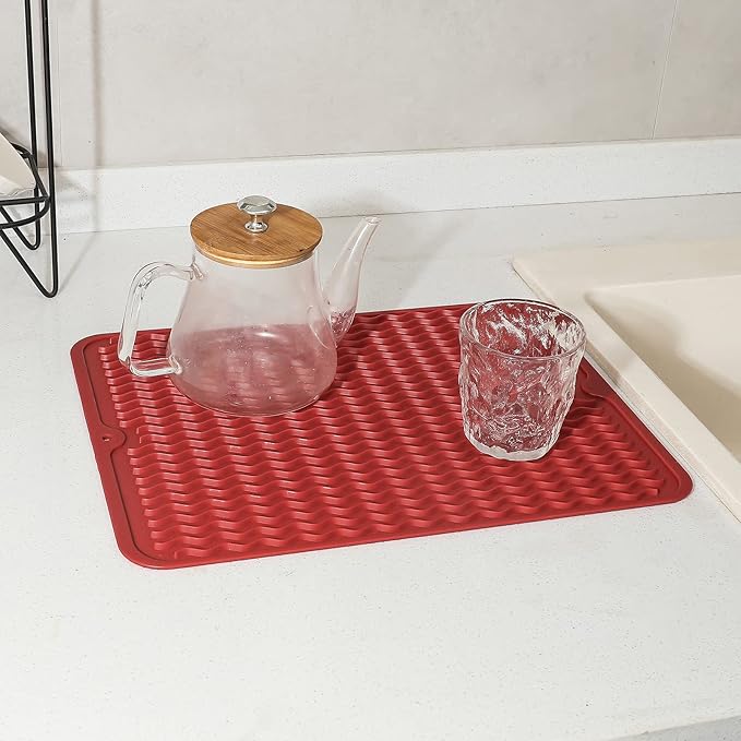 Silicone Dish Drying Mat for Multiple Usage,Easy clean,Eco-friendly,Heat-resistant Silicone Mat for Kitchen Counter or Sink,Refrigerator or drawer liner Red L 16 inches x 12 inches - Bloomnest