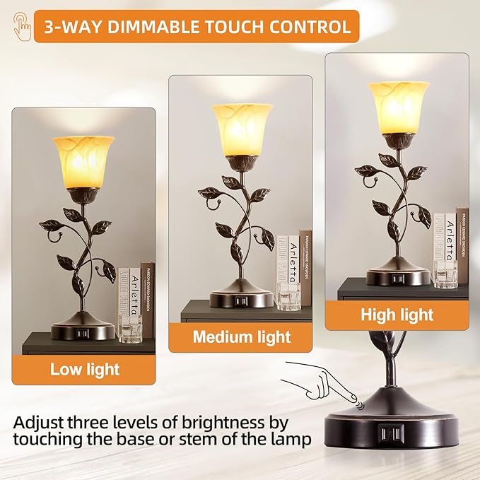 Touch Control Table Lamp with 2 USB Charging Ports, 3-Way Dimmable Bedside Nightstand Lamps, Amber Glass Shade Vintage Rural Leaf Lamp for Living Room, Bedroom, Dresser, LED Bulb Included (Bronze) - Bloomnest