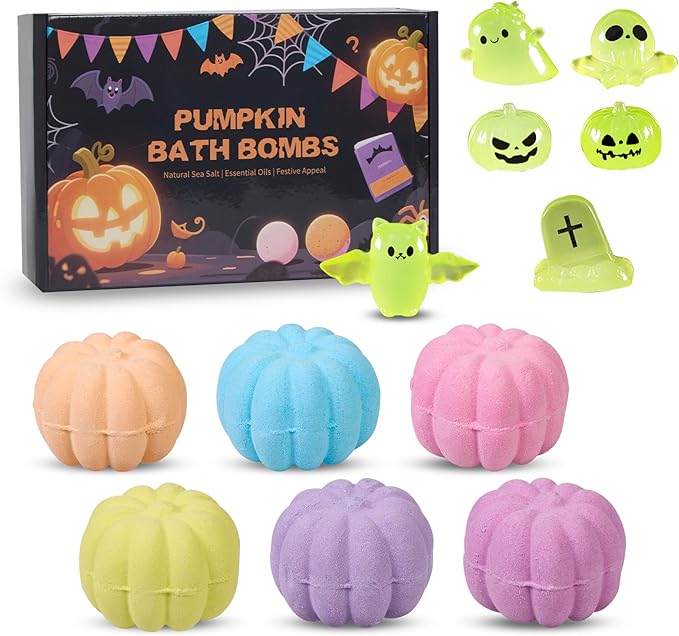 Halloween Bath Bombs for Kids Pumpkin Bath Bombs with Halloween Luminous Mini Resin Toys Inside Halloween Toys Halloween Treat Bags Gifts Kids Skin Care Bathbombs - Bloomnest