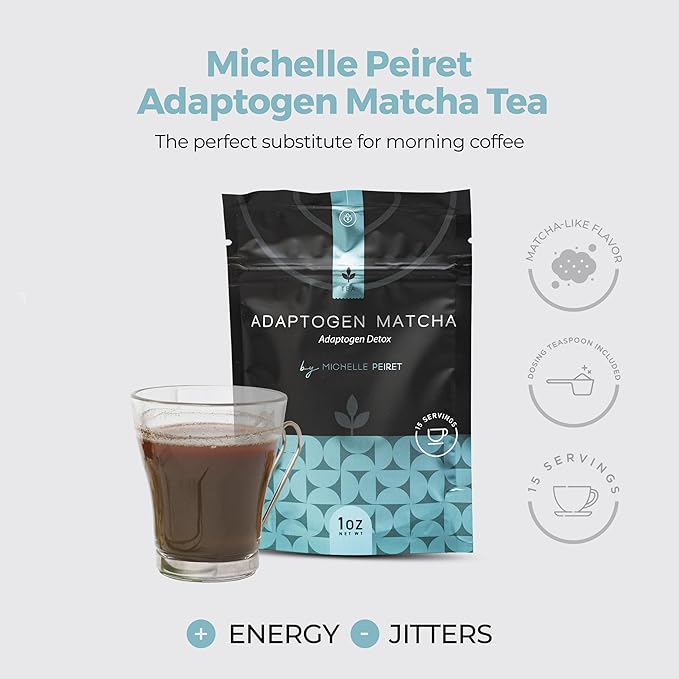 Michelle Peiret Adaptogen Ceremonial Grade Matcha Tea with Ashwagandha & Ginger Root, Perfect Coffee Substitute, Premium Blend, 15 Servings - Bloomnest