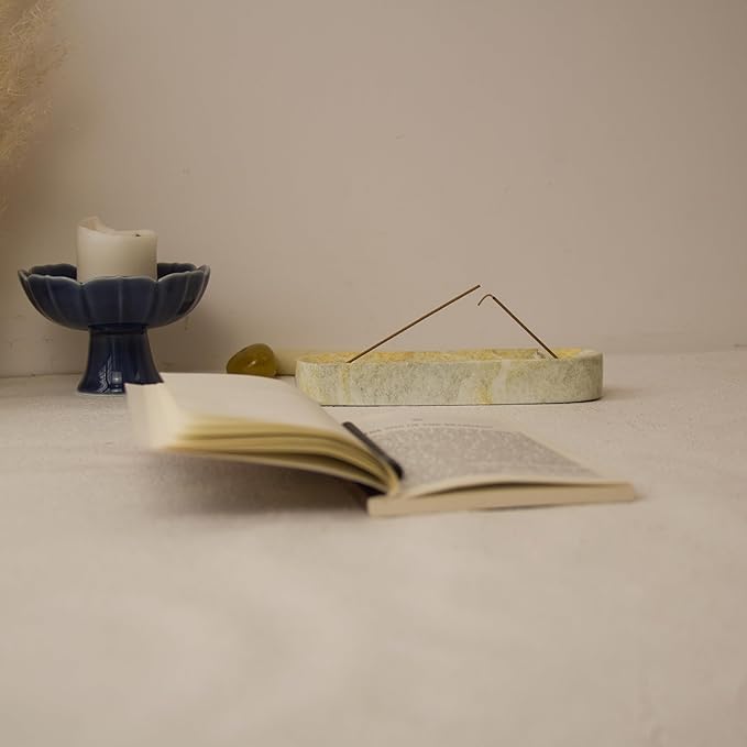 Marble-Patterned Concrete Incense Holder, with A Box of Jasmine Incense, 7.1 Inch Catches Falling Incense Ash, A Poetic and Artistic Gift for Yoga＆Meditation(GreenYellow) - Bloomnest
