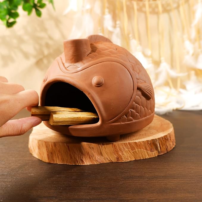 Large Fish-Shaped Terracotta Palo Santo Holder - Cone Burner for Sage,Chiminea Incense Dish with Chimney,Ideal for Meditation, Zen, Yoga, Spa & Wellness | Anxiety & Stress Relief Items MOUGIGI