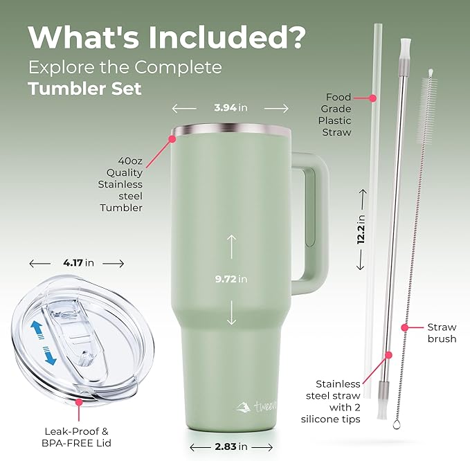 40 oz Tumbler With Handle and Straw Made of Stainless Steel - Double Wall Vacuum Insulated Tumbler With Lid - Sweat Proof Easy Grip, BPA-Free, Dishwasher Safe Tumbler (Sea Sage) - Bloomnest