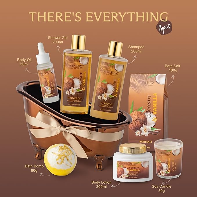Spa Gift Basket for Women, Coconut & Vanilla Luxury Home Spa Kit, 8pcs Bath Gift Set, Birthday Gift for Women Unique with Bath Bombs, Scented Candle, Body Lotion, Spa Bath Sets for men Gift - Bloomnest