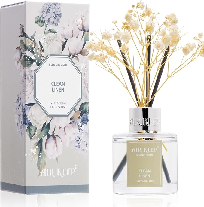 Airkeep Reed Diffuser Set,1.69 fl oz (50 ml) - Clean Linen Oil Diffusers with 8 Reed Sticks,Home Fragrance Reed Diffuser for Bathroom Shelf Decor - Bloomnest