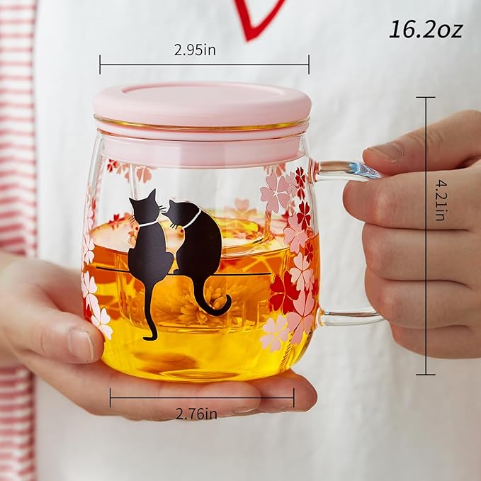 Glass Tea Cup with Infuser and Lid, 16.2oz/480ml Large Borosilicate Teacup,Tea Glass, Clear Mug for Loose Leaf Tea, Blooming Tea, Microwave & Dishwasher Safe - Tea Maker Gift for Birthday - Bloomnest