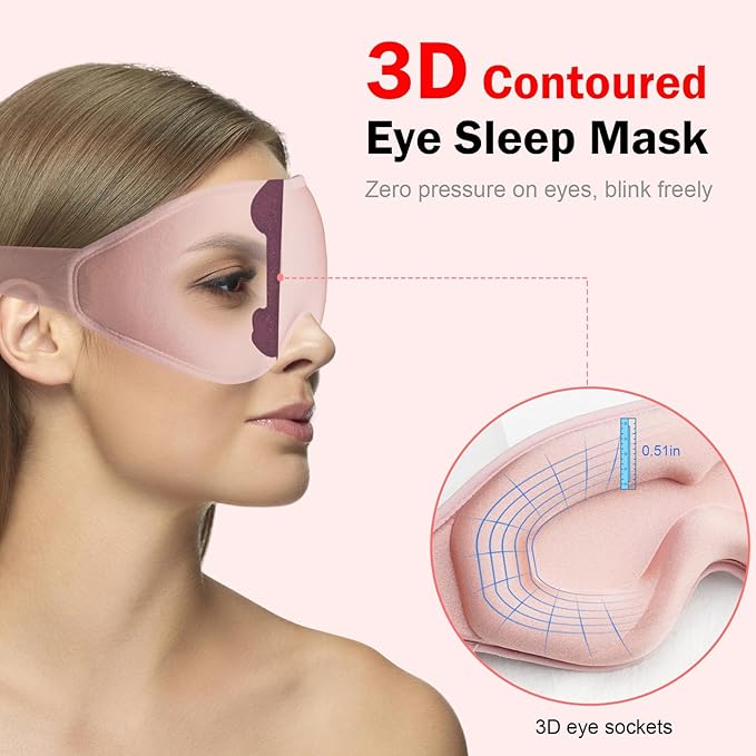 3D Sleep Mask with Earplugs, 100% Light Blackout Eye Mask for Sleep, Washable Sleeping Mask, 0 Pressure Eye Covers for Sleep with Wider Adjustable Strap, Only 1.3oz Light Soft Sleeping Mask (Pink) - Bloomnest