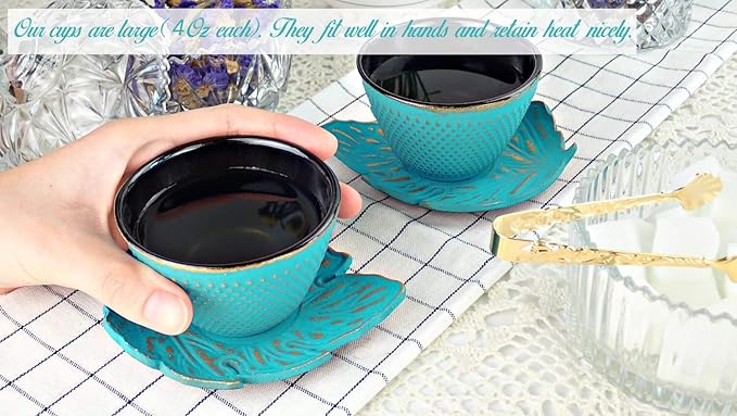 7PC Japanese Tea Set."Turquoise Koi" Cast Iron Tea Pot with 2 Tea Cups, 2 Saucers, Loose Tea Infuser and Teapot Trivet. Ceremonial Matcha Accessories